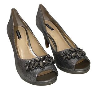 Sparkly Womens Silver Peep Toe Pumps Size 9 Y2K Prom Glam Party NYE Formal Dance